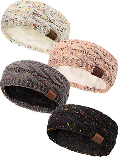 4 Pieces Women Warm Fuzzy Fleece Lined Headband Winter Knit Ear Warmer Headwrap Confetti Thick Cable Headband (Confetti Set)
