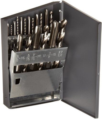 Chicago Latrobe 52581 GT18 High-Speed Steel Jobber Length Drill Bit and Spiral Point Tap Set with Metal Case, Uncoated (Bright) Finish, 18-piece, Wire Size, Letter, Inch, #6-32 to 1/2'-13 Tap Sizes