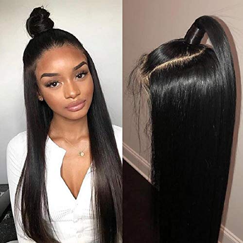 BLY Straight Lace Front Wigs Human Hair with Baby Hair Brazilian Virgin Hair 18 Inch for Black Women 150% Density Pre Plucked 13x4 Swiss Lace Size Part Natural Black Color