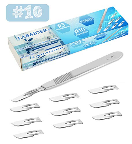 Scalpel Sterile Blades #10 10pcs Sterile Individually Foil Wrapped, with #3 Scalpel Knife Handle for Biology Lab Anatomy, Practicing Cutting, Medical Student, Sculpting, Repairing