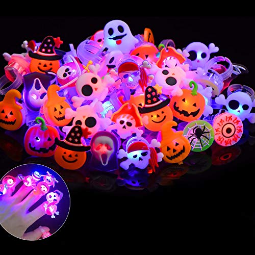 Scientoy Halloween LED Rings, 50 Pcs Light up Rings for Kids & Adults, Halloween Party Favors Supplies in The Dark Rave, Luminous Ring Decorations for Halloween Party & Event with Various Shapes