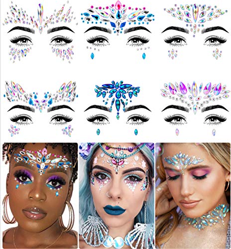 Face Jewels - Face Gems by iMethod, Mermaid Face Jewels Stick On, Rave Accessories for Halloween Costumes & Makeup, 6 Pcs