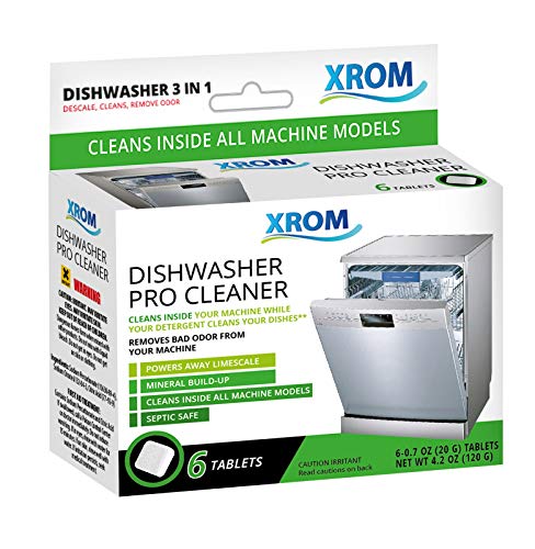 XROM High Efficiency Professional Dishwasher Cleaner 3 in 1 Formula, Removes Odors, Limescale & Detergent Build-Up, Contains 100% More Grease Removal Actives, Removes Hard Water Stains & Lime Scale Build Up, Powerful Descaling, 6 Tablets Count Box.