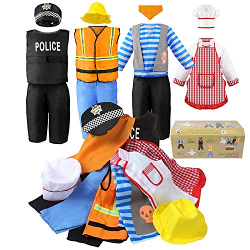 Sinuo Boy's Dress Up Costumes Set, Role Play Set 11-pcs Dress Up Trunk Pirate, Chef, Construction Worker, Policeman Costume Fit Kids Age from 3-6