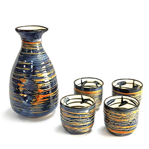 Sake Set Japanese Gifts 5 Pieces Traditional Japanese Sake Cup Set Hand Painted Design Porcelain Pottery Ceramic Cups Crafts Wine Glasses (Blue Rich, 300 ML)