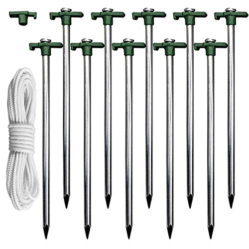 Eurmax Galvanized Non-Rust Camping Family Tent Pop Up Canopy Stakes 10pc-Pack, with 4x10ft Ropes & 1 Green Stopper