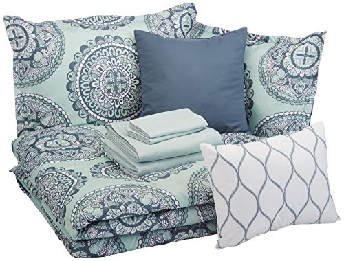 AmazonBasics 10-Piece Comforter Bedding Set, Full / Queen, Sea Foam Medallion, Microfiber, Ultra-Soft