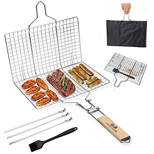 G.a HOMEFAVOR BBQ Fish Grill Basket Food Grade 18/8 304 Stainless Steel, Folding Portable Oak Handle, for Grilling Fish Vegetables Shrimp Meat Steak (Silicone Brush+Pouch+3x12.5 Skewers)