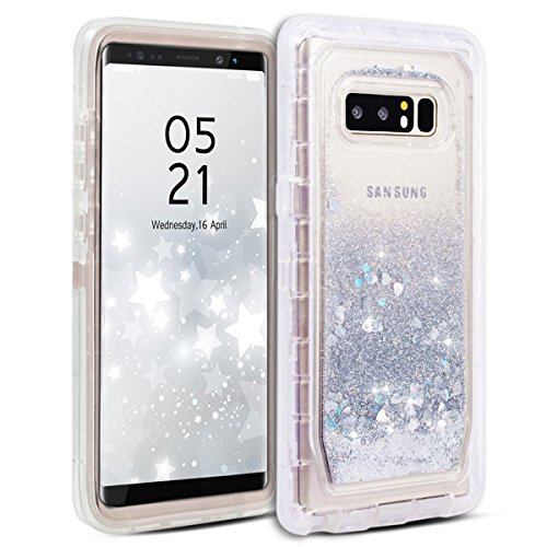 Galaxy Note 8 Case, Dexnor Glitter 3D Bling Sparkle Flowing Quicksand Liquid Bumper Clear 3 in 1 Shockproof TPU Silicone + PC Heavy Duty Protective Defender Cover for Samsung Galaxy Note 8 - Silver