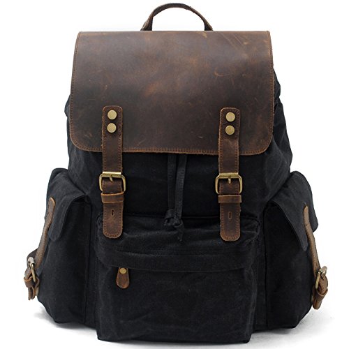 SUVOM Vintage Canvas Genuine Leather Laptop Backpack for Men School Bag 15.6' Waterproof Travel Rucksack (Black)