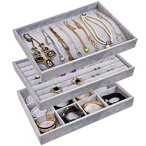 VIEFIN Velvet Stackable Jewelry Trays for Drawer,Jewelry Display Trays for Show, Drawer Jewelry Organizer Trays for Ring, Stud,Necklace,Bracelet,(Set of 3, Grey)