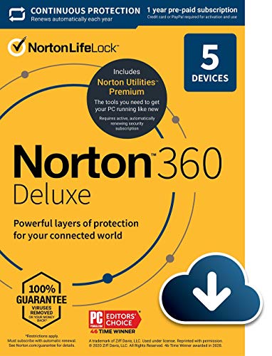 Norton 360 Deluxe – Antivirus software for 5 Devices with Auto Renewal - Includes VPN, PC Cloud Backup & Dark Web Monitoring powered by LifeLock [Download]