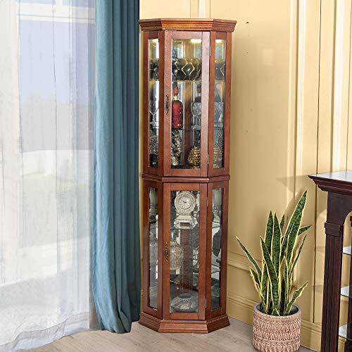 GOOD & GRACIOUS Corner Curio Cabinet with Tempered Glass Door and Light System 6-Tier with Adjustable Glass Shelves Display Cabinet, Walnut