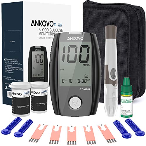Blood Glucose Monitor Kit, ANKOVO Diabetes Testing Kit with Blood Glucose Meter, Lancing Device, Control Solution, 100 Blood Test Strips, 100 Counts 30 Gauge Lancets and Carrying Case, No Coding