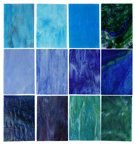 Lanyani 10 Sheets Variety Stained Glass Sheets Pack, 4 x 6 inch Large Cathedral Glass Mosaic Tiles for Crafts, Blue Mixed