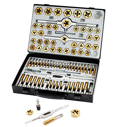 Muzerdo 86 Piece Tap and Die Set Bearing Steel Sae and Metric Tools, Titanium Coated with Metal Carrying Case