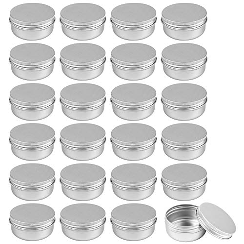 Foraineam 24 Pack 1.7 oz / 50ml Round Aluminum Lip Balm Tin Cans with Screw Top Lids - Silver Cosmetic Sample Containers - Metal Empty Tins Travel Storage Tin Jars for Salve, Spice, Candies or Crafts