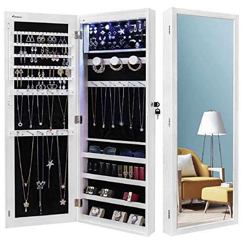 Nicetree 6 LEDs Jewelry Armoire Organizer, Wall/Door Mounted Jewelry Cabinet with Full Length Mirror, Larger Capacity, Dressing Mirror, White