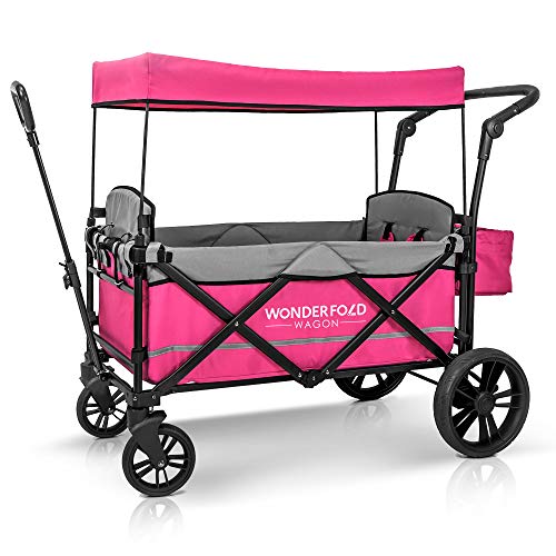 WONDERFOLD X2 Passenger Push Pull Twin Double Stroller Wagon with Adjustable Handle Bar, Removable Canopy, Safety Seats with 5-Point Harness, One-Step Foot Brake, Safety Reflective Strip, Pink