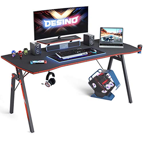 DESINO Gaming Desk 55 inch PC Computer Desk, Home Office Desk Table Gamer Workstation with Cup Holder and Headphone Hook, Black