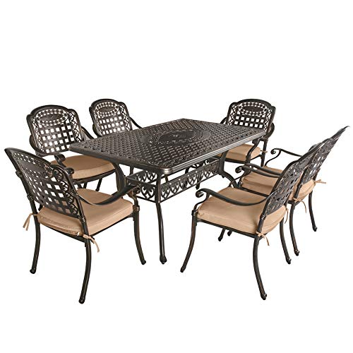 OKIDA 7 Piece Outdoor Cast Aluminum Patio Dining Set, Conversation Furniture Set for Patio Deck Garden with 1 Rectangular Table, 6 Chairs and 6 Cushions, Umbrella Hole