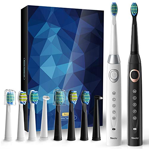 2 Sonic Electric Toothbrushes 5 Modes 8 Brush Heads USB Fast Charge Powered Toothbrush Last for 30 Days, Built-in Smart Timer Rechargeable Toothbrushes for Adults and Kids (1 Black and 1 White)