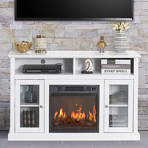 GOOD & GRACIOUS Electric Fireplace TV Stand, Fit up to 50' Flat Screen TV with Two Tempered Glass Cabinet Entertainment Center for Living Room, White