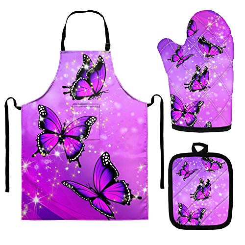 Babrukda 3Pcs Purple Bling Butterfly Pot Holders Oven Mitts Bib Apron Set Anti-Slip Heat Resistant Oven Gloves Potholder Waterproof Apron Decor Protective Kitchen Accessiores Gift for Girls Women Mom