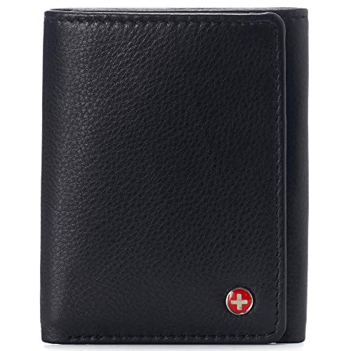 Alpine Swiss Mens Leon Trifold Wallet RFID Safe Genuine Leather Comes in a Gift Box Black