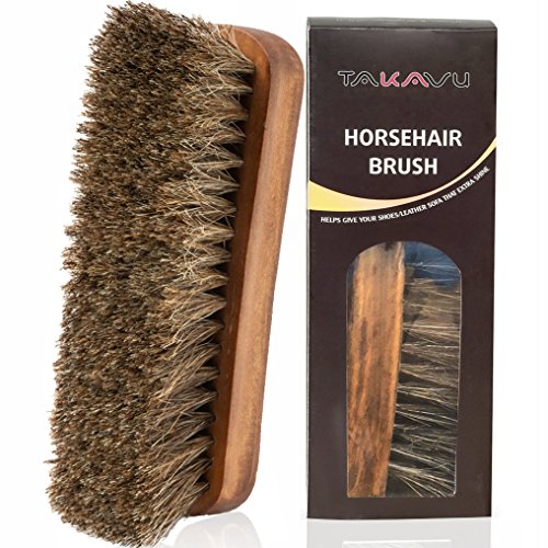 TAKAVU 6.7' Horsehair Shoe Shine Brush - 100% Soft Genuine Horse Hair Bristles - Unique Concave Design Wood Handle - Comfortable Grip, Anti Slip - for Boots, Shoes & Other Leather Care (#1)