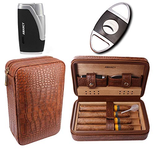 AMANCY Premium Brown Leather Cigar Travel Case Humidor W/Cutter Lighter Set