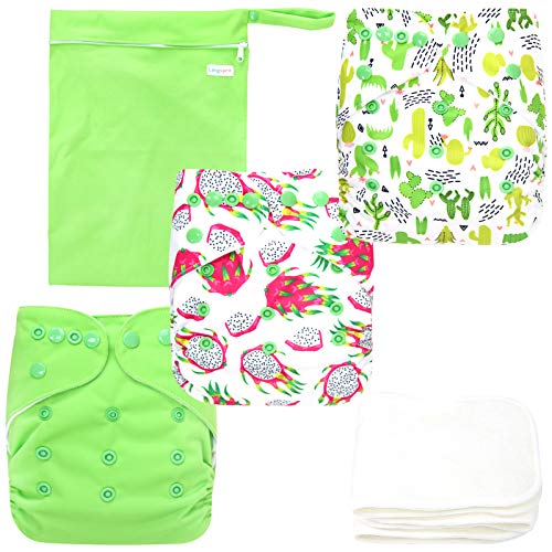 Langsprit Baby Cloth Diaper with Highly Absorbent Bamboo Inserts & Wet Bag,Reusable Unisex Baby Diapers, (Plant)