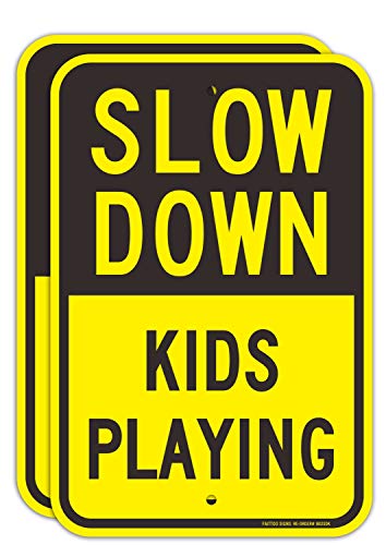 (2 Pack) Slow Down Kids Playing Signs, Slow Down Children Playing Sign, 18 x 12 Inches Engineer Grade Reflective Sheeting Rust Free Aluminum, Weather Resistant, Waterproof, Durable Ink, Easy to Mount