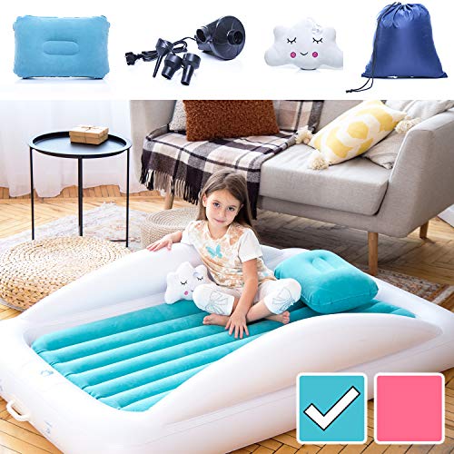 Sleepah Inflatable Toddler Travel Bed – Inflatable & Portable Bed Air Mattress Set –Blow up Mattress for Kids with High Safety Bed Rails. Set Includes Pump, Case, Pillow & Plush Toy (Aquamarine)