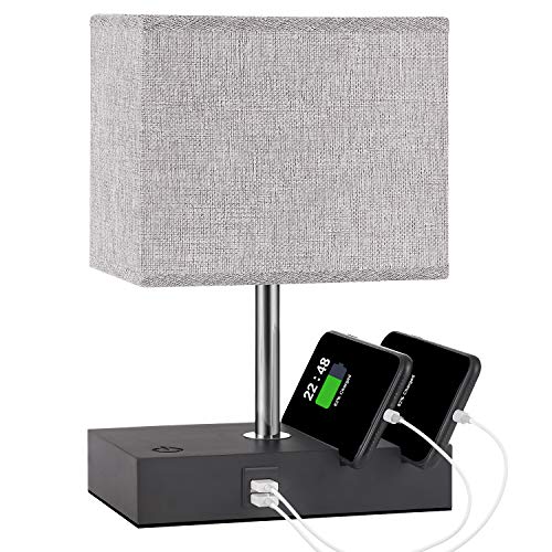 Touch Control Bedside Lamp with 2 USB Ports, Aooshine Fully-Dimming USB Table Lamp with 2 Phone Stands and Low Voltage Led Bulb, Grey Fabric Shade Modern Style, Suitable for Bedroom, Living Room, Off