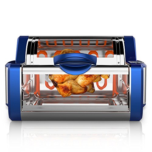 NutriChef Digital Countertop Rotisserie - Grill Oven Rotating Roaster Oven Stain Resistant Stainless Steel, Tempered Glass Includes Kebob Rack with 7 Skewers (PKRTVG65BL) VG65BL, Blue/Chrome