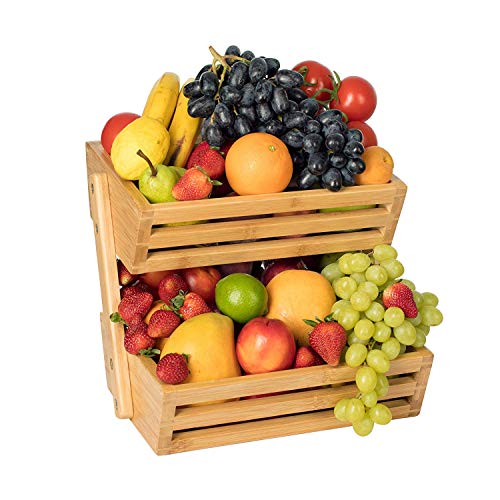 2-Tier Bamboo Bread Vegetable Fruit Basket Rack Stand Holder Bowl for Kitchen Counters, Home Storage Basket Display Tray for Fruit Vegetables Snacks Bread