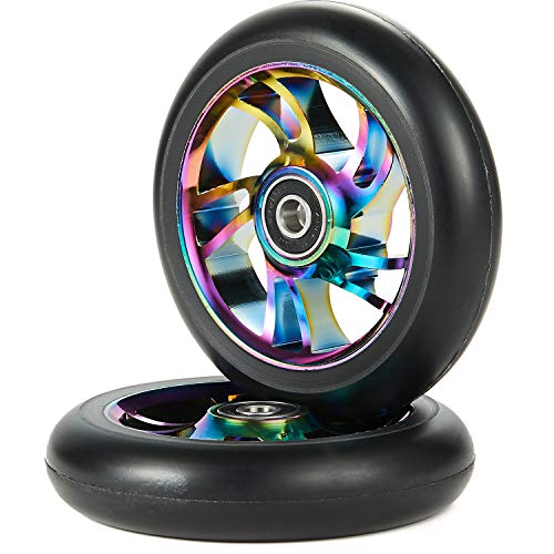 100mm Scooter Wheels - Pro Scooter Wheels 100mm Pair - Neo Oil Slick 100mm Metal Scooter Wheels Replacement - Pro Scooter Wheels 100mm - 24mm x 100mm - Bearings Installed - Scooter Wheels for Kids