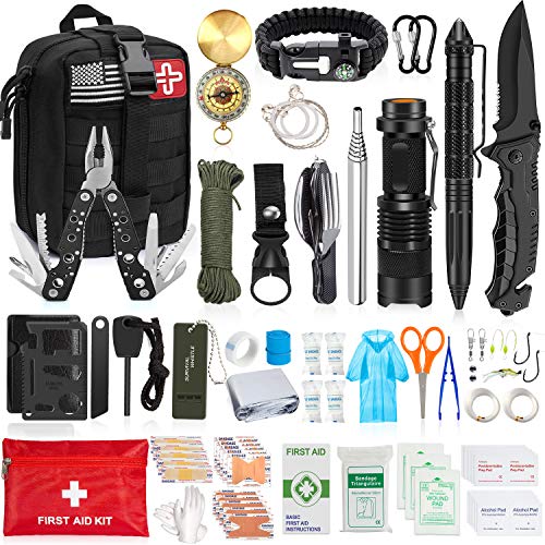 AOKIWO 126Pcs Emergency Survival Kit Professional Survival Gear Tool First Aid Kit SOS Emergency Tactical Knife Pliers Pen Blanket Bracelets Compass with Molle Pouch for Camping Adventures (Black)