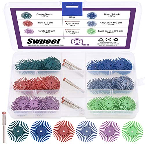 Swpeet 66Pcs 1 Inch 6 Mixed Grit 80/120/220/400/600/1000 Radial Bristle Disc Abrasive Brush Gap Polishing Pad Buffing Wheel Assortment Kit with 1/8' Shank for Rotary Tools Cleaning Finishing Deburring