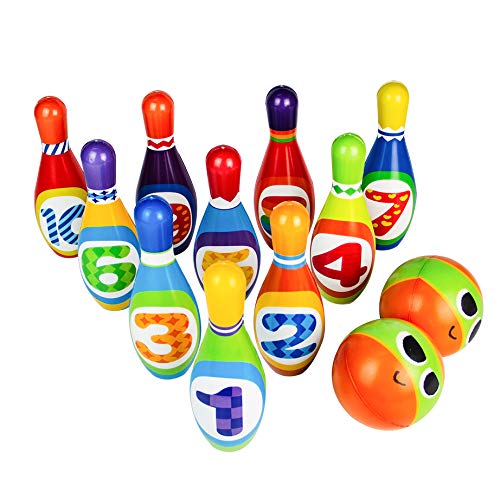 Bowling Set Toy 10 Colorful Soft Foam Bowling Pins 2 Balls Indoor Toys Toss Sports Developmental Game for Active Party Family Games Children Boys Girls Easter Gifts Preschooler 3 4 5 6 Years Old