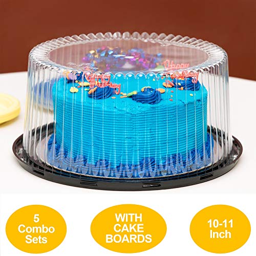10-11' Plastic Disposable Cake Containers Carriers with Dome Lids and Cake Boards | 5 Round Cake Carriers for Transport | Clear Bundt Cake Boxes Cover | 2-3 Layer Cake Holder Display Containers