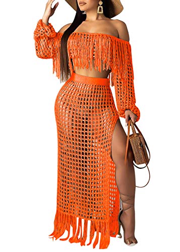 Women Sexy Tassels Hollow Out 2 Piece Outfits See Through Off Shoulder Crop Top and Split Maxi Dress Set Swimwear Bikini Cover up (Orange, M)