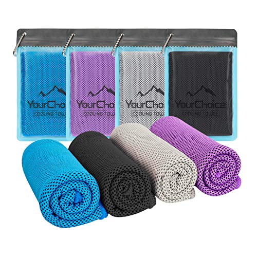 Your Choice Cooling Towel 4 Pack Instant Cool Sports Yoga Towel Set, Snap Cool Towels for Neck, Fast Chill Towel for Golf Running Biking Blue, Gray, Purple and Black 12 x 40 Inch