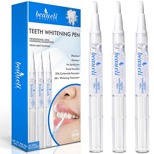 Beaueli Teeth Whitening Pen, 3 Pack, 35% Carbamide Peroxide, Natural Mint Flavor, Glycerin Drops, Safe, Easy to Use, Effective, Painless, Travel Friendly, No Sensitivity, Beautiful White Smile
