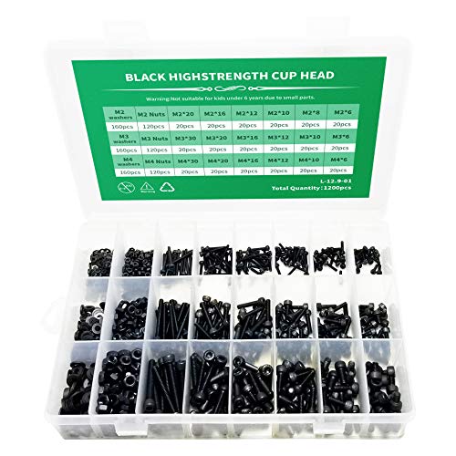 M2 M3 M4 Alloy Steel Screws Nuts and Washers 1200PCS, Aiboyin Hex Socket Head Cap Bolts Screws Nuts Washers Assortment Kit with Hex Wrenches (M2 M3 M4 Screw Set (Carbon Steel))