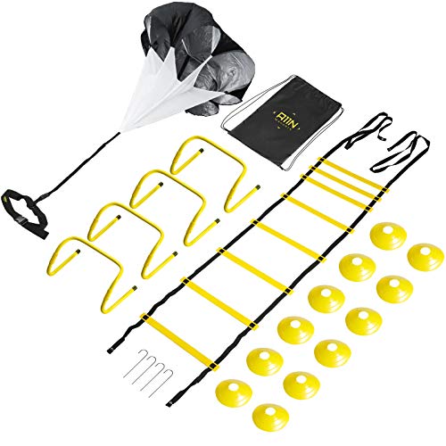 A11N Speed & Agility Training Set- Includes 1 Resistance Parachute, 1 Agility Ladder, 4 Adjustable Hurdles, 12 Disc Cones | Exercise Equipment for All Sports