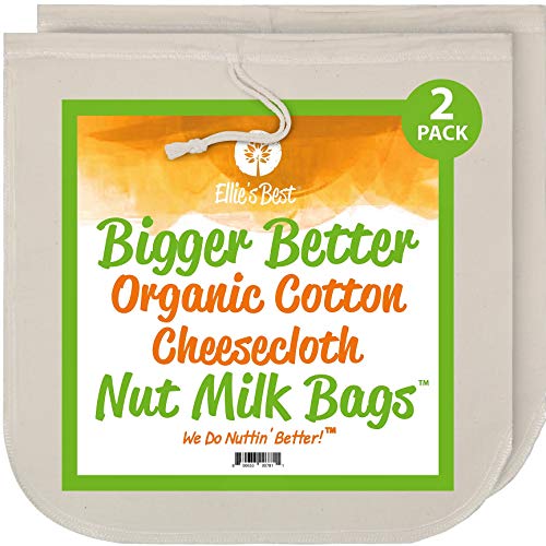 Nut Milk Bags - Unbleached Organic Cotton Cheesecloth - 12'x12' - 2 Pack - Perfect Size Mesh Strainer for Almond Milk-Cheese-Tea-Yogurt-Juices-Wine-Soup-Herbs - Durable Cloth - Reusable - Washable