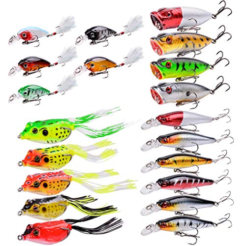 Aorace 20pcs Fishing Lures Kit Mixed Including Minnow Popper Crank and Plastic Soft Lures Frog Lures for Saltwater Freshwater Trout Bass Salmon Fishing