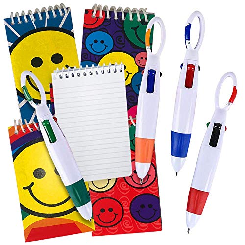 ArtCreativity Mini Shuttle Pens & Notebooks Set, Includes 12 Retractable Pens with Carabiner Hook & 12 Smile Face Notepads, 4-in-1 Multicolor Pens, Stationery Supplies, Birthday Party Favors for Kids